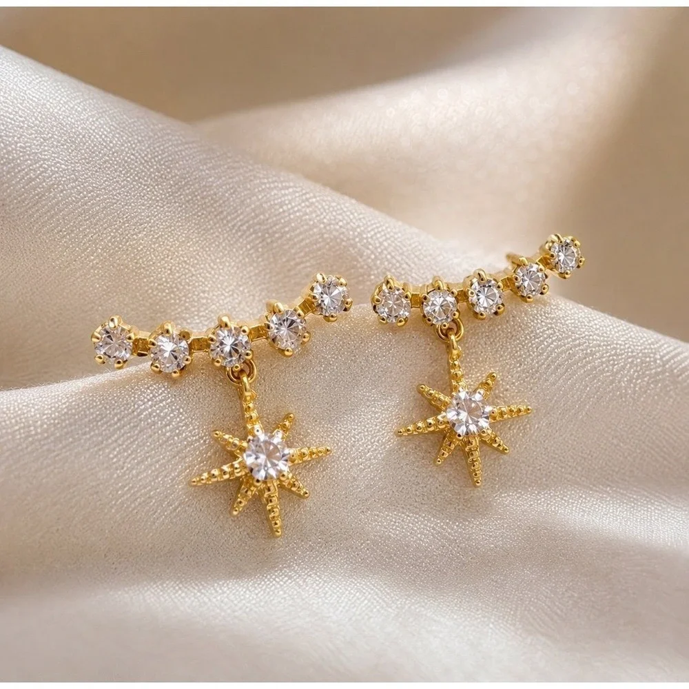 Gold Starburst CZ Drop Earrings‎ Dainty Celestial Earrings New